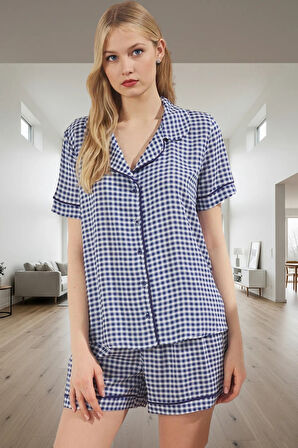Homewear Ekoseli Şortlu Pijama Takımı %100 Viskoz Regular Kalıp Kaliteli İşçilik