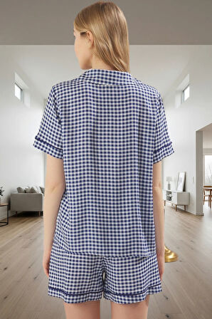 Homewear Ekoseli Şortlu Pijama Takımı %100 Viskoz Regular Kalıp Kaliteli İşçilik