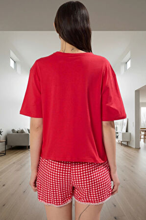 Homewear Ekose Dantel Detaylı Şortlu Pijama Takımı %100 Viskoz Modern Stil Özenle Seçilmiş