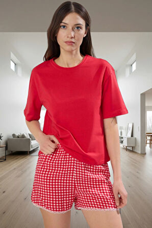Homewear Ekose Dantel Detaylı Şortlu Pijama Takımı %100 Viskoz Modern Stil Özenle Seçilmiş