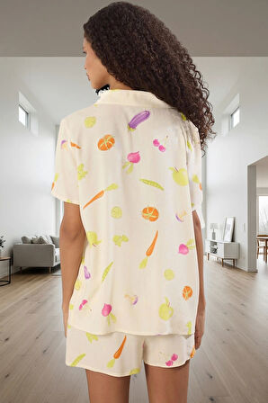 Rahat ve Şık %100 Viskon Sebze Desenli Pijama Takımı Şortlu Seçkin Malzeme