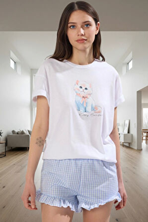 Kedili Pamuk Pijama Fırfırlı Şortlu Rahat Takım Profesyonel Görünüm Kaliteli İşçilik