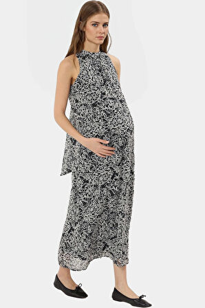 Polyester Şifon Maxi Elbise Dik Yaka Kolsuz Soyut Desen Boy Relaxed Fit Mükemmel Uyum