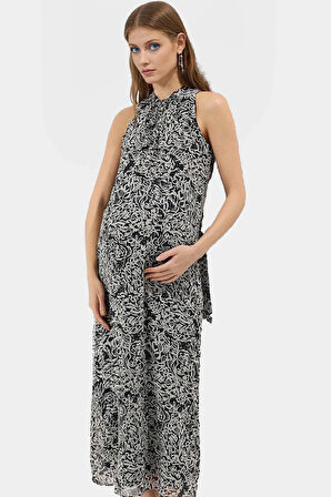 Polyester Şifon Maxi Elbise Dik Yaka Kolsuz Soyut Desen Boy Relaxed Fit Mükemmel Uyum