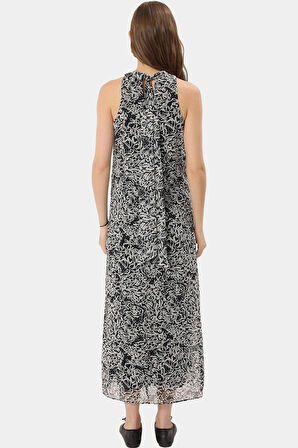 Polyester Şifon Maxi Elbise Dik Yaka Kolsuz Soyut Desen Boy Relaxed Fit Mükemmel Uyum