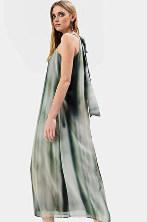 Polyester Şifon Maxi Elbise Dik Yaka Kolsuz Soyut Desen Boy Relaxed Fit Mükemmel Uyum