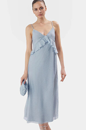 Dokuma Crinckle Organze Maxi Elbise V Yaka Fırfır Detay Astarlı Şık Yazlık Özel Tasarım