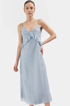 Dokuma Crinckle Organze Maxi Elbise V Yaka Fırfır Detay Astarlı Şık Yazlık Özel Tasarım