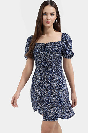 Yazlık Şık Mini Elbise Çiçek Desenli Gipeli Skater Viskoz Kumaş Konforlu Kesim