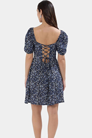 Yazlık Şık Mini Elbise Çiçek Desenli Gipeli Skater Viskoz Kumaş Konforlu Kesim