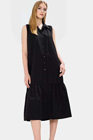 Polyester Dokuma Midi Elbise Gömlek Yaka Düz Kesim Rahat Özenle Seçilmiş Mükemmel Uyum