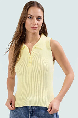 Regular Fit Akrilik Triko Bluz Polo Yaka Kolsuz Rahat Ve Şık Görünüm