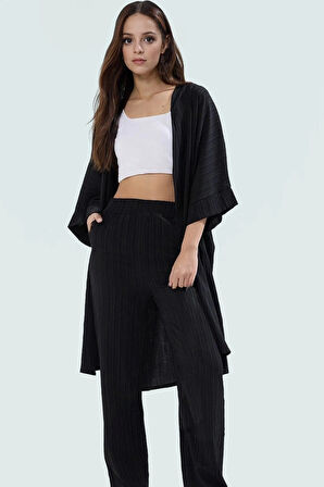 Viskoz Geniş Paça Pantolon ve Kimono Takım Truvakar Kol Havuz Yaka Tasarım Özel