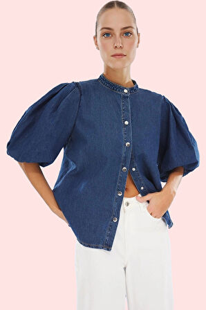 Kadın Pamuklu Denim Gömlek Regular Kalıp Balon Kol Volanlı Detaylar Rahat Günlük Stil Hafta Sonu