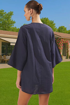 Rahat Pamuklu Aksesuarlı Shift Keten Görünümlü Midi Yazlık Elbise Modern Stil Mükemmel Uyum