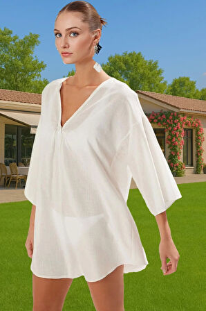 Rahat Pamuklu Aksesuarlı Shift Keten Görünümlü Midi Yazlık Elbise Modern Stil Mükemmel Uyum