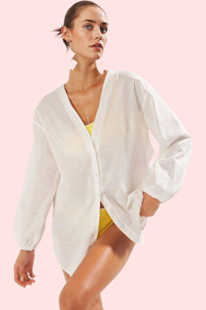 Kadın Yazlık Pamuk A line Plaj Gömleği Keten Dokuma Rahat Günlük Kullanım Kaliteli Malzeme