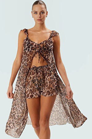 Yazlık Şifon Leopar Desenli Plaj Takımı Yelek ve Şort Rahat Nefes Alabilir Uzun Ömürlü