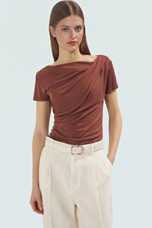 Asimetrik Yaka Basic Bluz 97 Viskoz 3 Elastan Örme Kumaş Yazlık Dayanıklı Malzeme