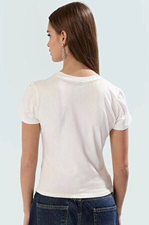 Parıltılı Taş Detaylı Pamuklu Örme T shirt Rahat Şık Yazlık Zarifane Tasarım Trend