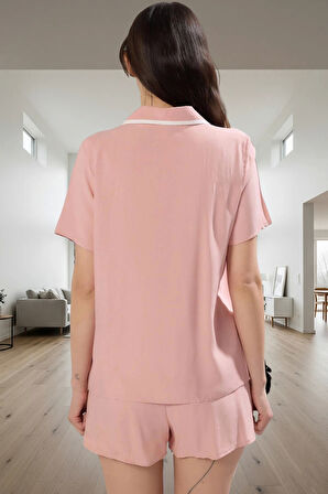 Şortlu Pijama Takımı %100 Viskoz Regular Gömlek Yaka Yazlık Ev Giyim Konforlu Kesim
