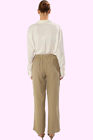 Kadın Yüksek Bel Geniş Paça Dokuma Pantolon Keten Görünümlü Polyester Yaz Günlük Kombinler