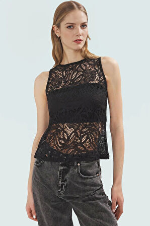 Basic Dantel Örme Bluz Regular Kalıp Kolsuz Yaz İçin Ideal Trend Tasarım Konforlu Kesim