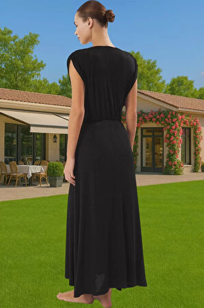 Yazlık Maxi Elbise Tek Kol Derin V Yaka Yırtmaçlı Viskoz Elastan Konforlu Kesim Modern Stil