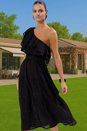 Pamuk Viskoz Keten Maxi Elbise Tek Omuzlu Volanlı Yazlık Zarifane Tasarım Modern Stil Seçkin Malzeme