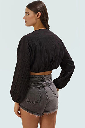 Dokuma Crinkle Plaj Bluz Bağlamalı Detay Regular Uzun Kollu Yazlık Ömürlü