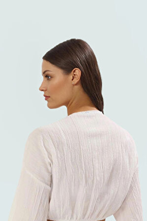 Dokuma Crinkle Plaj Bluz Bağlamalı Detay Regular Uzun Kollu Yazlık Ömürlü