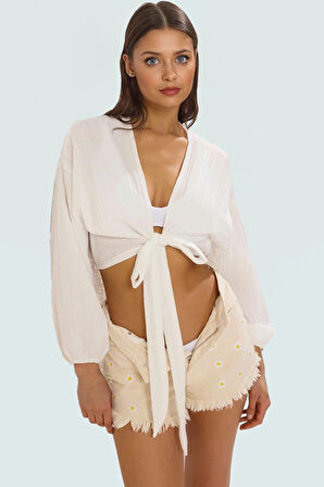 Dokuma Crinkle Plaj Bluz Bağlamalı Detay Regular Uzun Kollu Yazlık Ömürlü