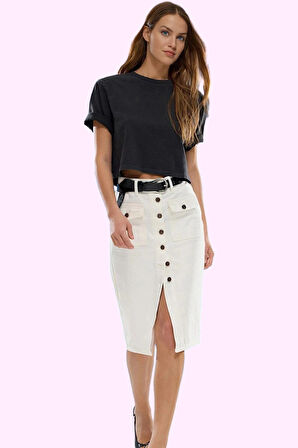 Kadın Pamuk Denim Midi Etek Önden Düğmeli Renk Günlük Kombinler Yaz Aylarının Vazgeçilmezi