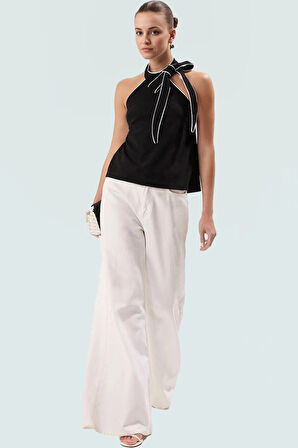 Regular Kalıp Örme Bluz Halter Yaka Kontrast Biye Detaylı Yazlık Trend Tasarım