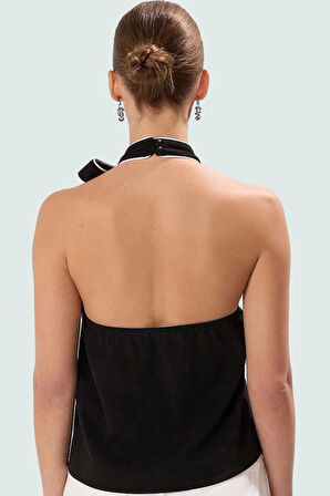 Regular Kalıp Örme Bluz Halter Yaka Kontrast Biye Detaylı Yazlık Trend Tasarım