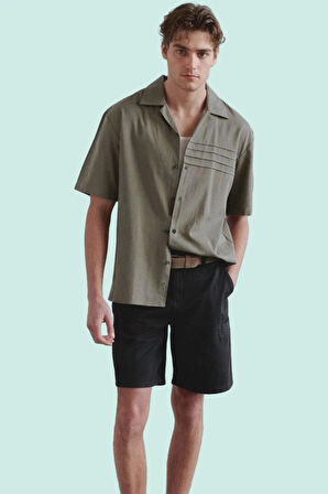 Erkek Basic Siluet Gömlek Apaş Yaka Keten Karışımlı Dokuma Kumaş Yazlık Yaz Aylarının Vazgeçilmezi