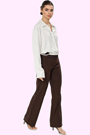 Kadın 88% Polyester 12% Elastan Geniş Paça Pantolon Yüksek Bel Tasarım Yaz Aylarının Vazgeçilmezi