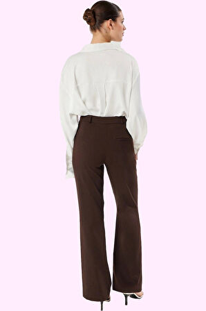 Kadın 88% Polyester 12% Elastan Geniş Paça Pantolon Yüksek Bel Tasarım Yaz Aylarının Vazgeçilmezi