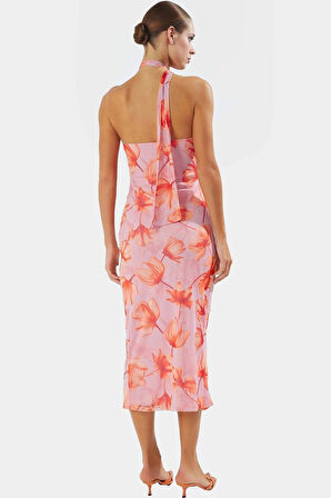 Astarlı Midi Boy Leopar Desenli Tül Elbise Bodycon Kesim Yazlık Kaliteli İşçilik Özel Tasarım