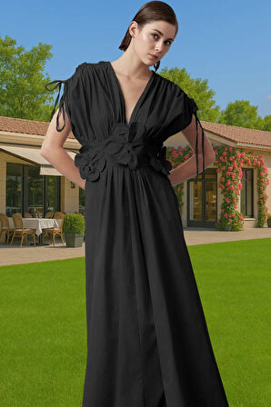 Kadın Yazlık Poplin Abiye Elbise 3D Çiçek Detay Midi Boy Modern Stil Zarifane Tasarım