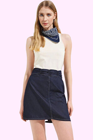 Kadın Pamuk Denim A line Mini Etek Yüksek Bel Büzgülü Günlük Stil Yaz Aylarının Vazgeçilmezi