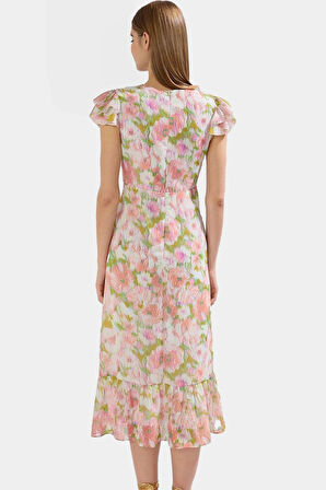 Yazlık Çok Çiçek Desenli A Kesim Midi Elbise Şifon Kumaş Kaliteli İşçilik Rahat Ve Şık