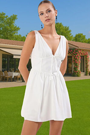 Kısa Astarlı V Yaka Elbise Yazlık Polyester Kaliteli İşçilik Mükemmel Uyum Seçkin Malzeme