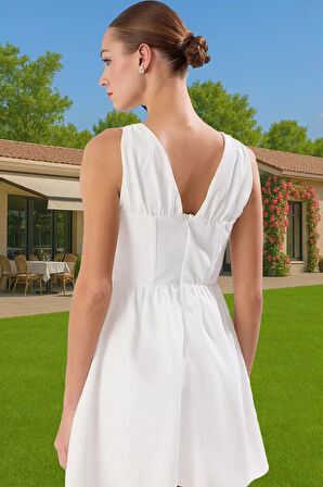 Kısa Astarlı V Yaka Elbise Yazlık Polyester Kaliteli İşçilik Mükemmel Uyum Seçkin Malzeme