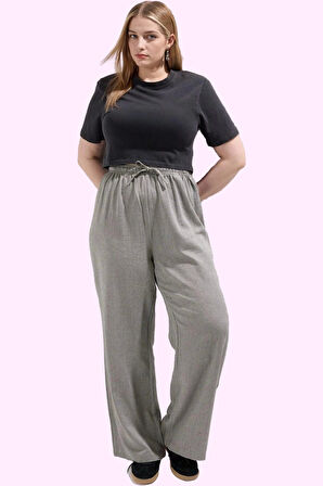 Kadın Büyük Beden Keten Görünümlü Dokuma Pantolon Yüksek Bel Geniş Paça Yazlık Günlük Kullanım