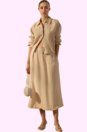 Kadın Düz Keten Midi Etek Dokuma Kumaş Rahat Yaz Kombinleri Günlük Kullanım Modern Tasarım