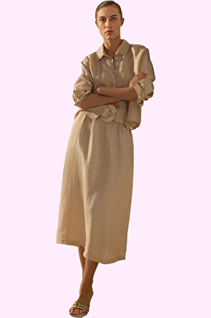 Kadın Düz Keten Midi Etek Dokuma Kumaş Rahat Yaz Kombinleri Günlük Kullanım Modern Tasarım