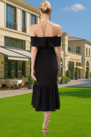 Şık Fiyonklu A Kesim Midi Abiye Elbise Dokuma Kumaştan Yazlık Dayanıklı Malzeme Rahat Kullanım