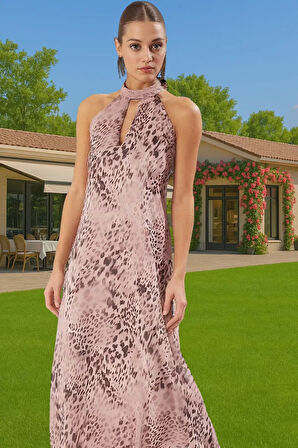 Şık Halter Yaka Şifon Midi Abiye Elbise Dokuma Kumaş Astarlı Rahat Ve Şık Kaliteli İşçilik