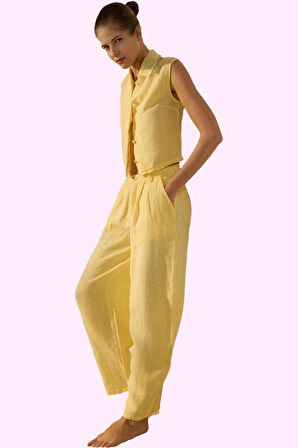 Kadın Keten Boyfriend Pantolon Yüksek Bel Geniş Paça Dokuma Kumaş Günlük Stil Modern Tasarım